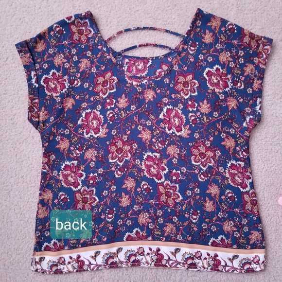 Dark Floral Scoop Neck Teal Green and Brown Short Sleeve Top - Picture 5 of 11